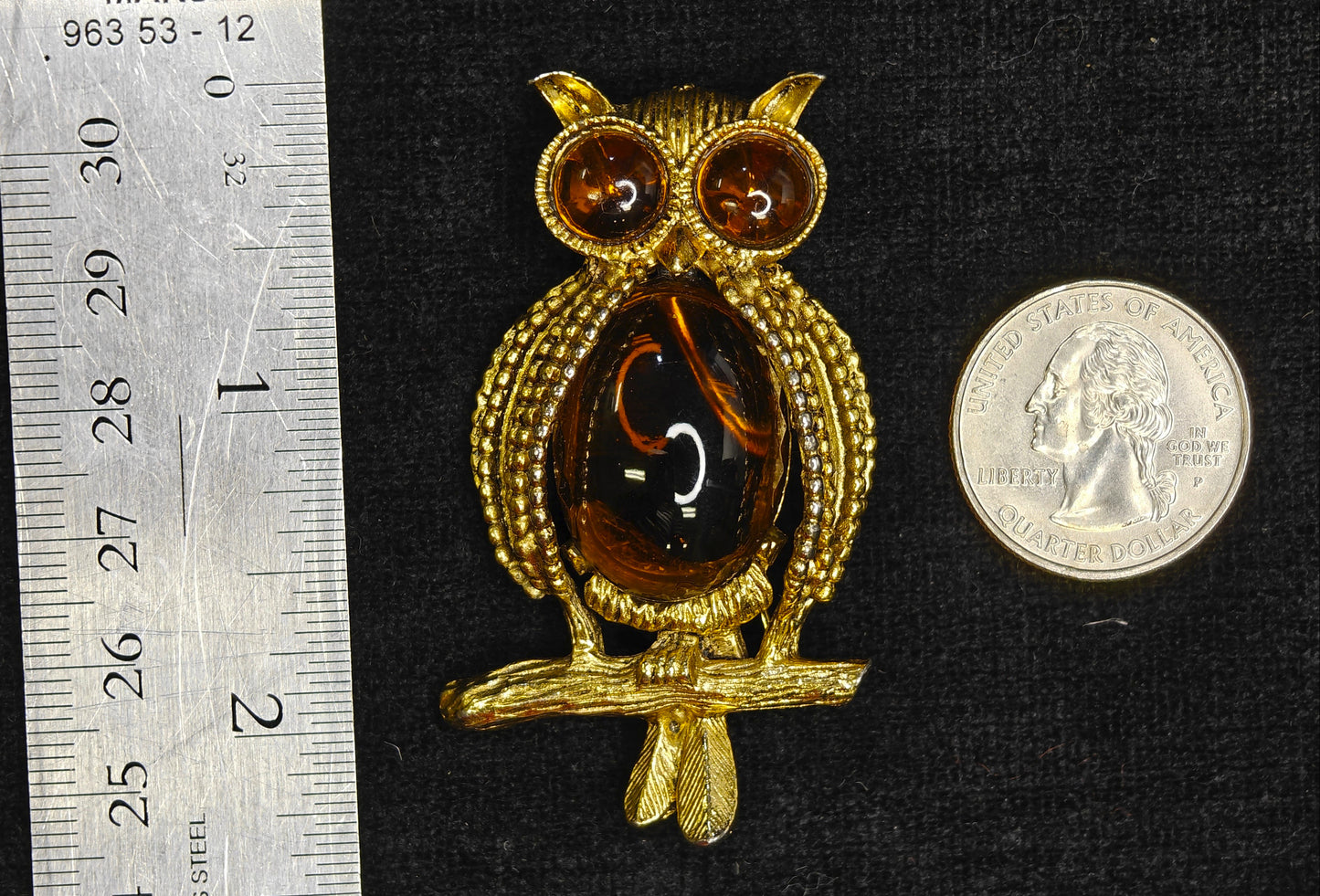 Hobé Owl Pin with Glass Topaz Jelly Belly Center - Mid Century, Figural Brooch