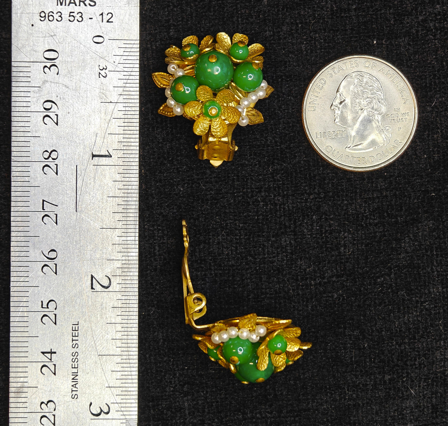 Gold, Pearl and Jade Flower Cluster Clip-On Earrings