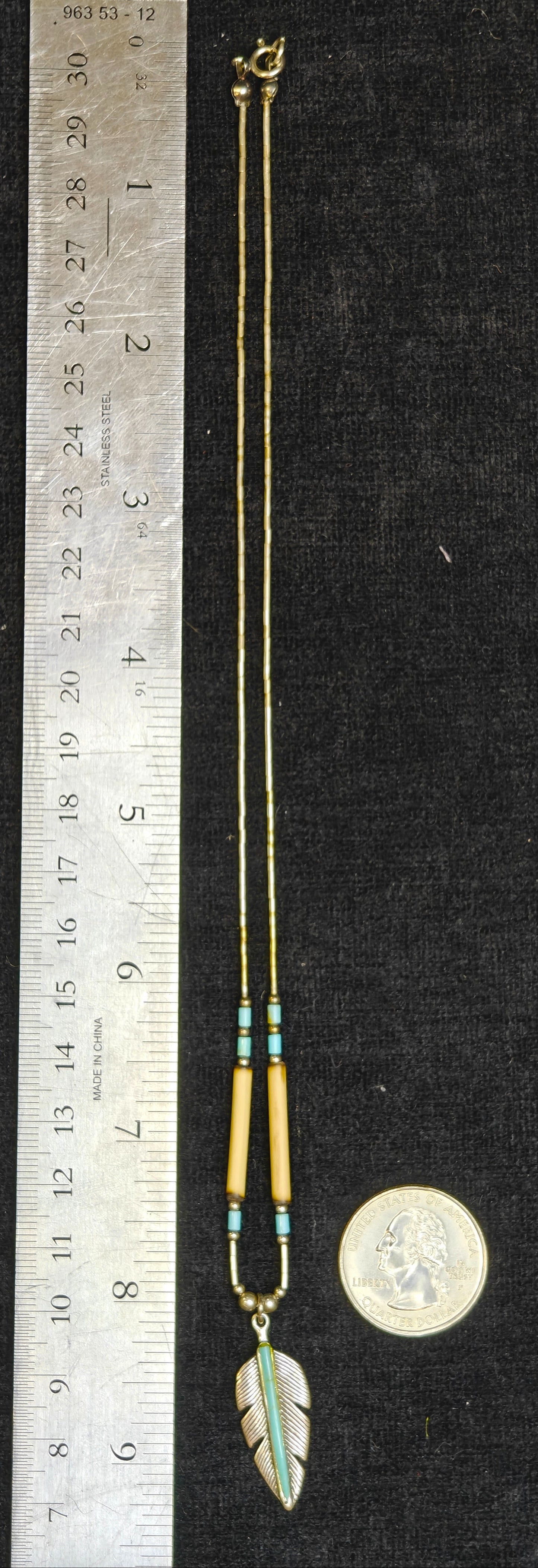 Sterling Silver Feather and Turquoise Stone, Sterling Silver Beads and Bone Beads