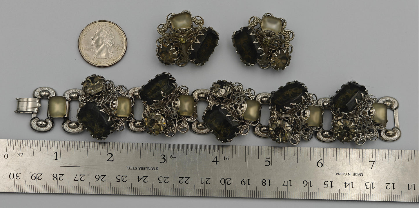 Chunky Rhinestone Bracelet and Clip-On Earring Set - Vintage 1960s