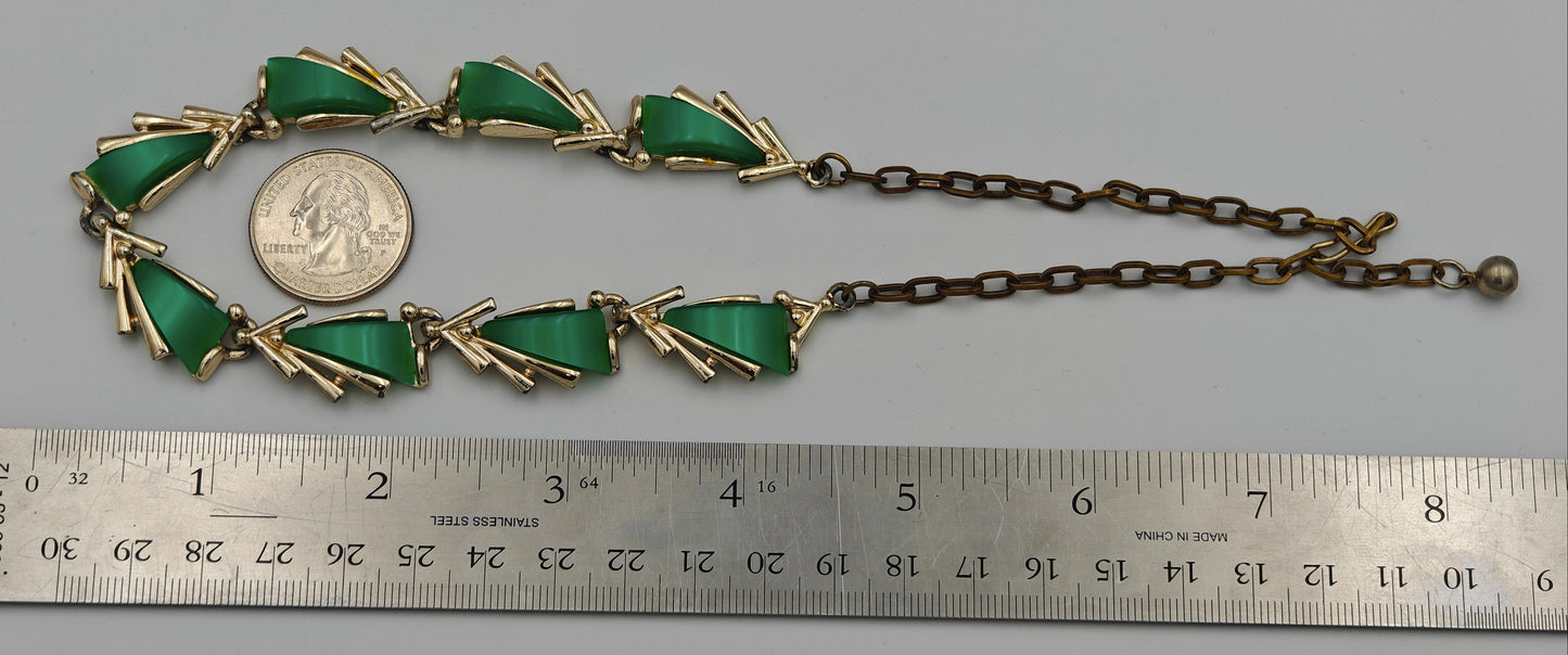 Gold Choker Necklace with Lucite Moonglow Green Sail Carbachol Insets - Marked ART