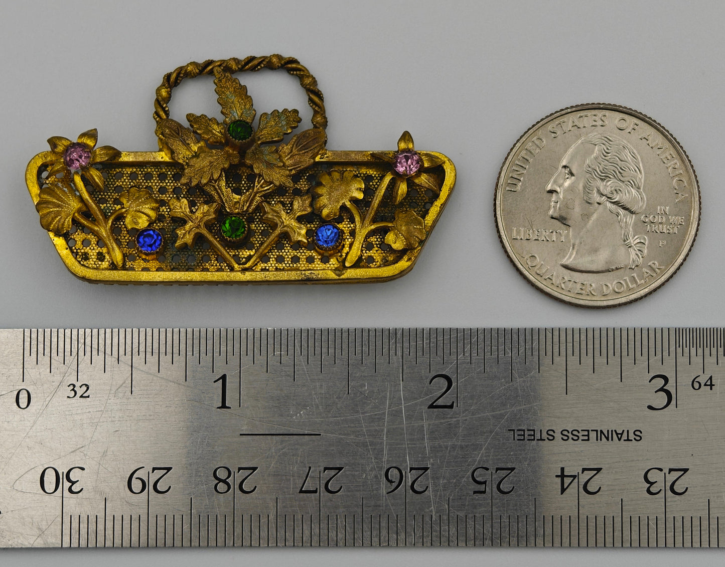 Brass and Rhinestone Floral Basket Brooch Pin