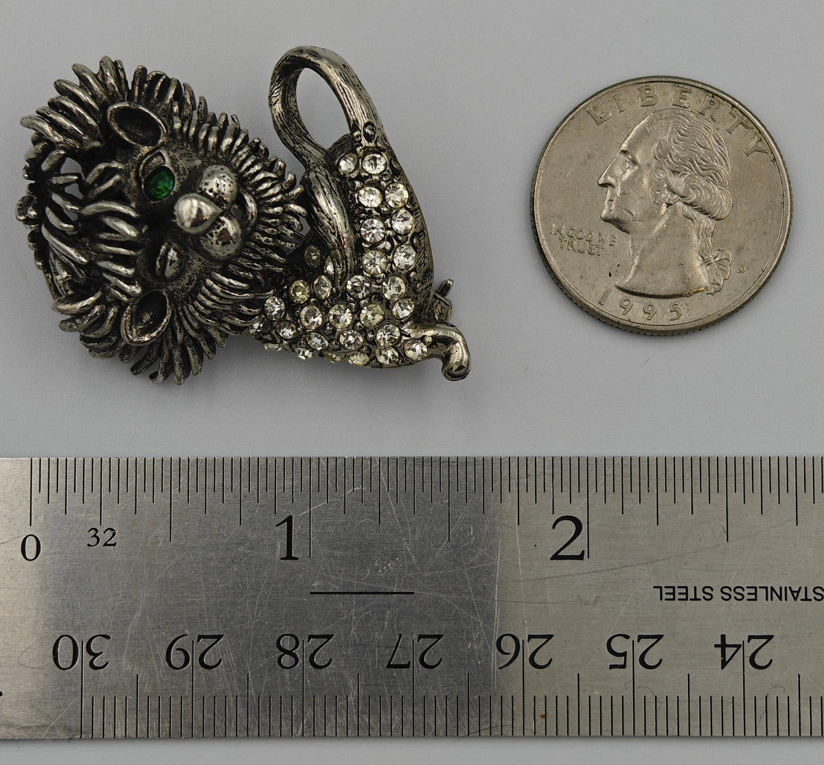Vintage Silver Tone Winking Lion With Emerald Eye and Rhinestone Body Brooch Pin