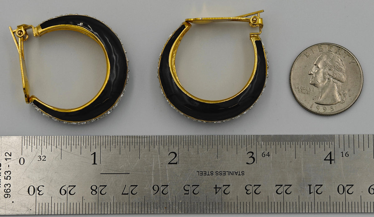 Vintage Essex Clip-On Earrings - Black Enamel and Rhinestones on Gold Tone