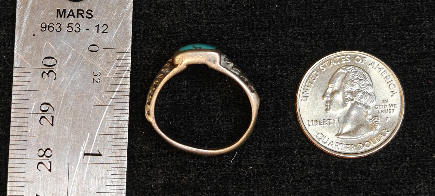 925 Silver and Turquoise Native American Trade Ring- Size 8- Feather Figural and Flush Set Stone