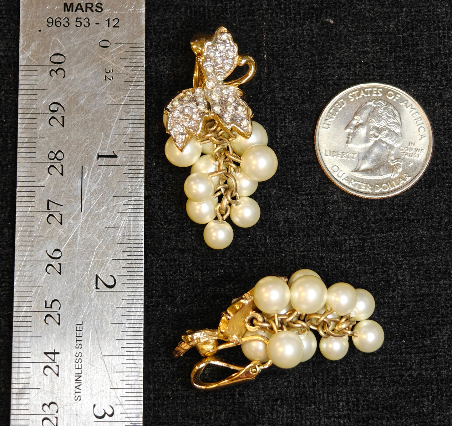 Fabulous Pearl and Crystal Vintage Clip-on Dangle Earrings - Grape and Leaf Design
