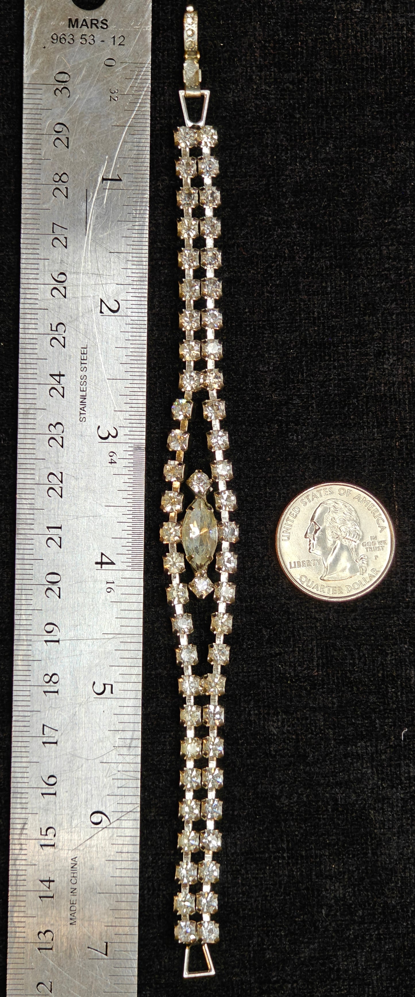 Double Strand Crystal Rhinestone Bracelet With Large Diamond Shaped Center - Vintage 1950s - Great Bridal Jewelry