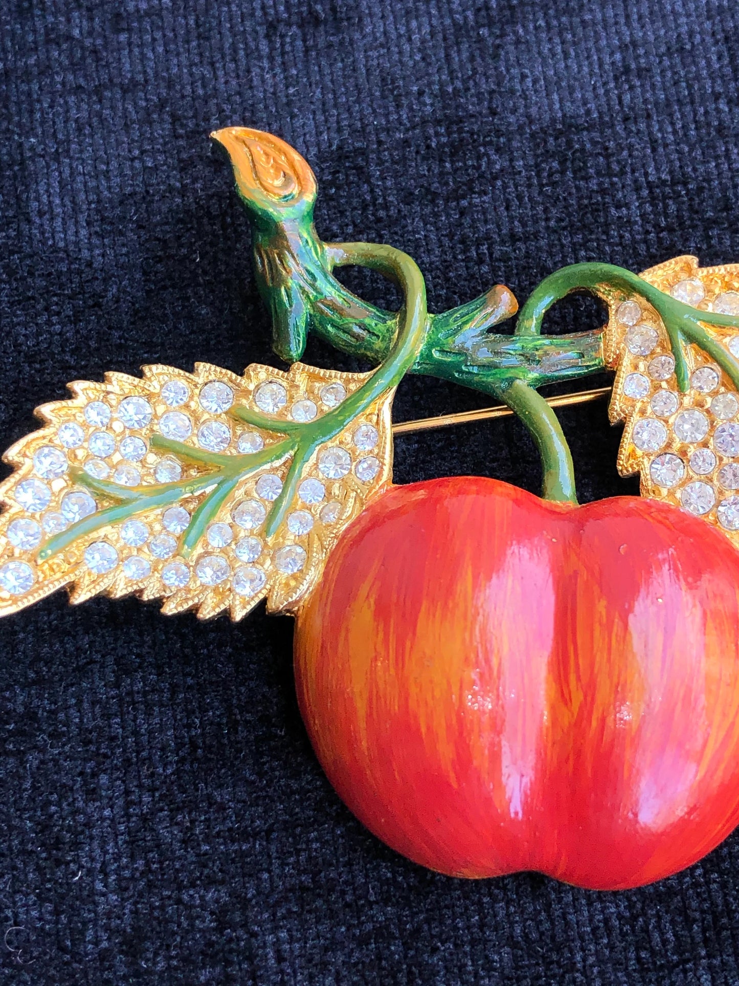 Rare Weiss Enamel Apple on Branch and Rhinestone Brooch/Pin - Vintage