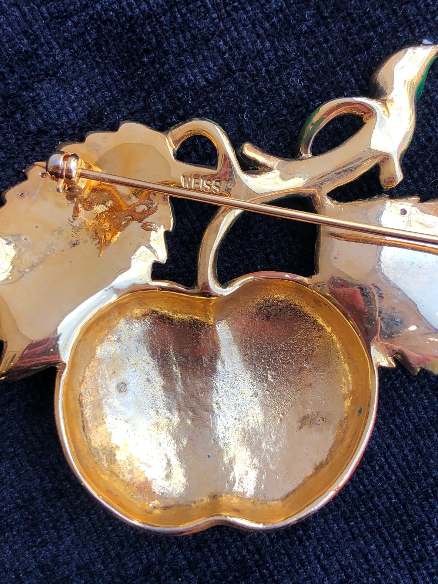 Rare Weiss Enamel Apple on Branch and Rhinestone Brooch/Pin - Vintage