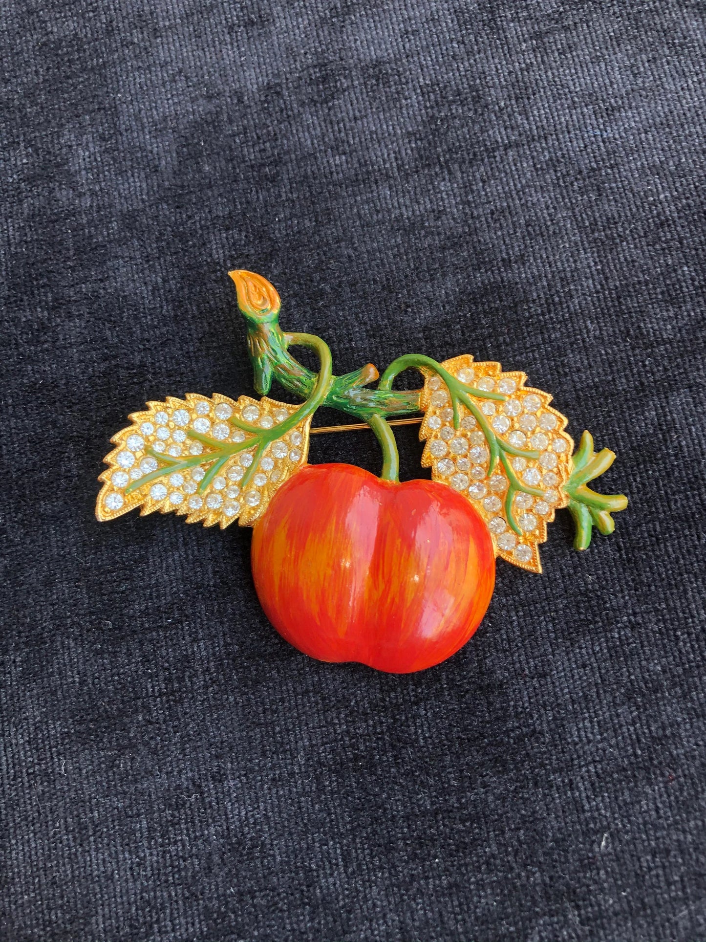 Rare Weiss Enamel Apple on Branch and Rhinestone Brooch/Pin - Vintage