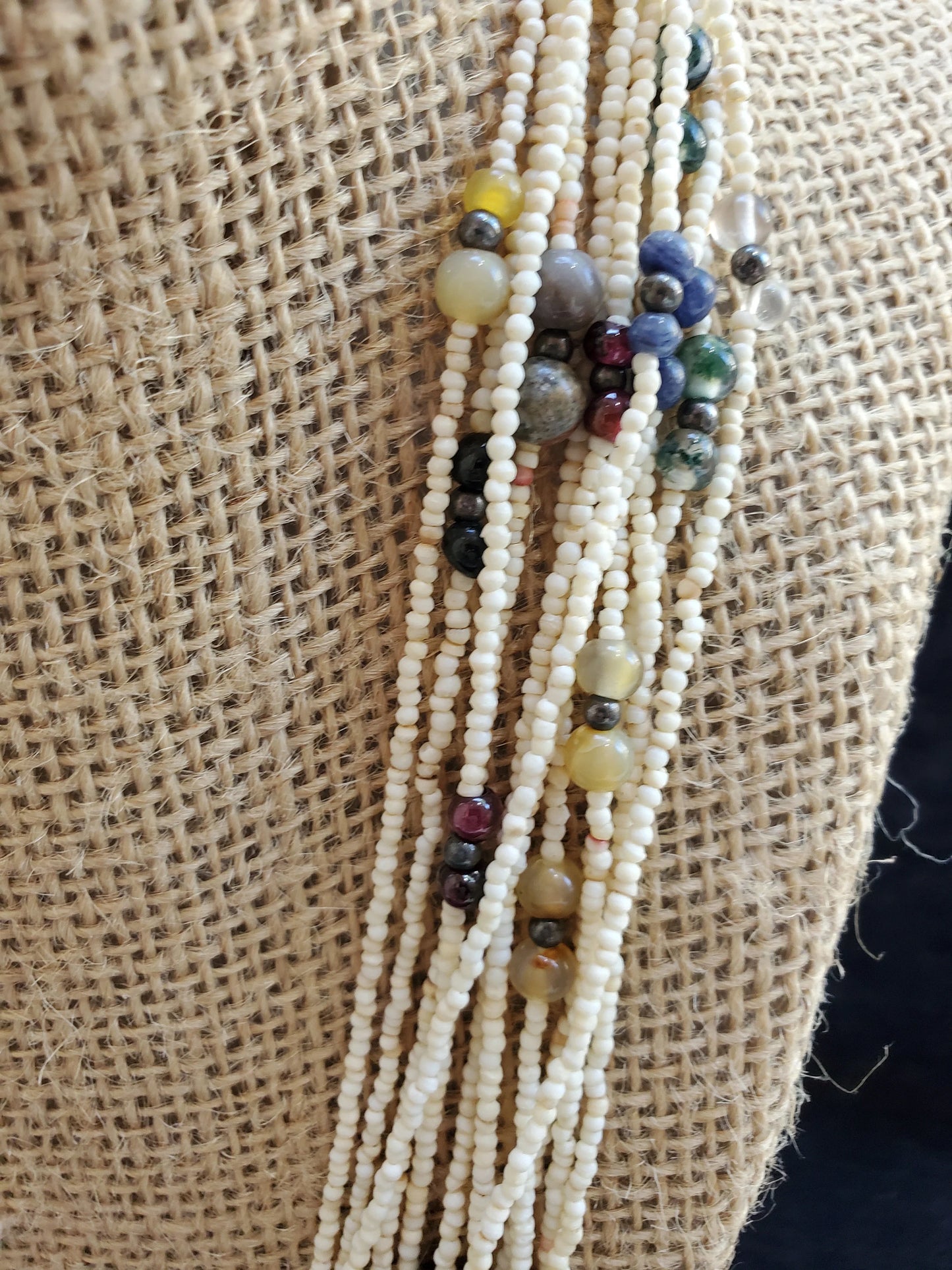 Bakelite Screw Clasp BOHO Seed Bead Necklace With mixed Gemstones 1930s Boho