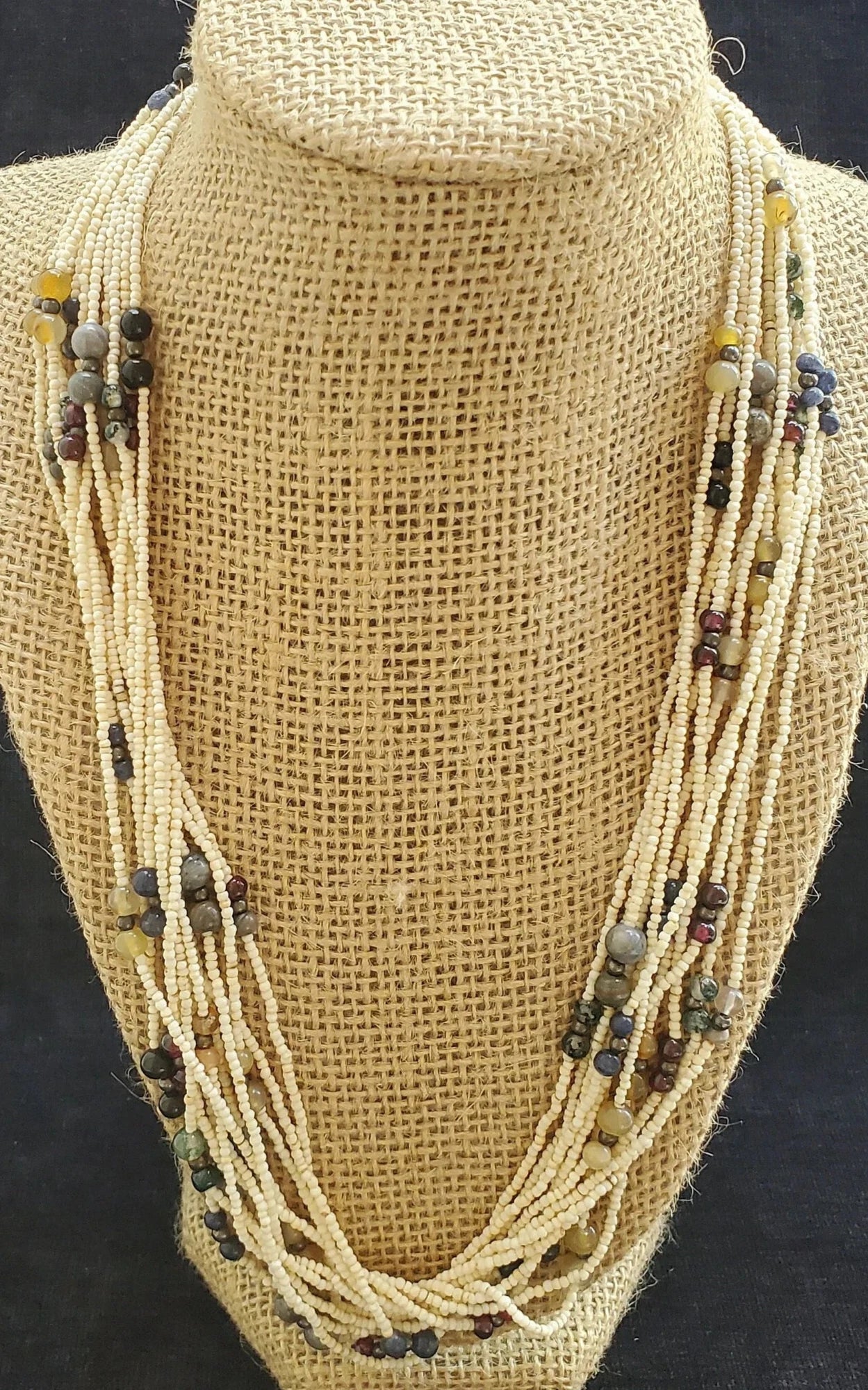 Bakelite Screw Clasp BOHO Seed Bead Necklace With mixed Gemstones 1930s Boho