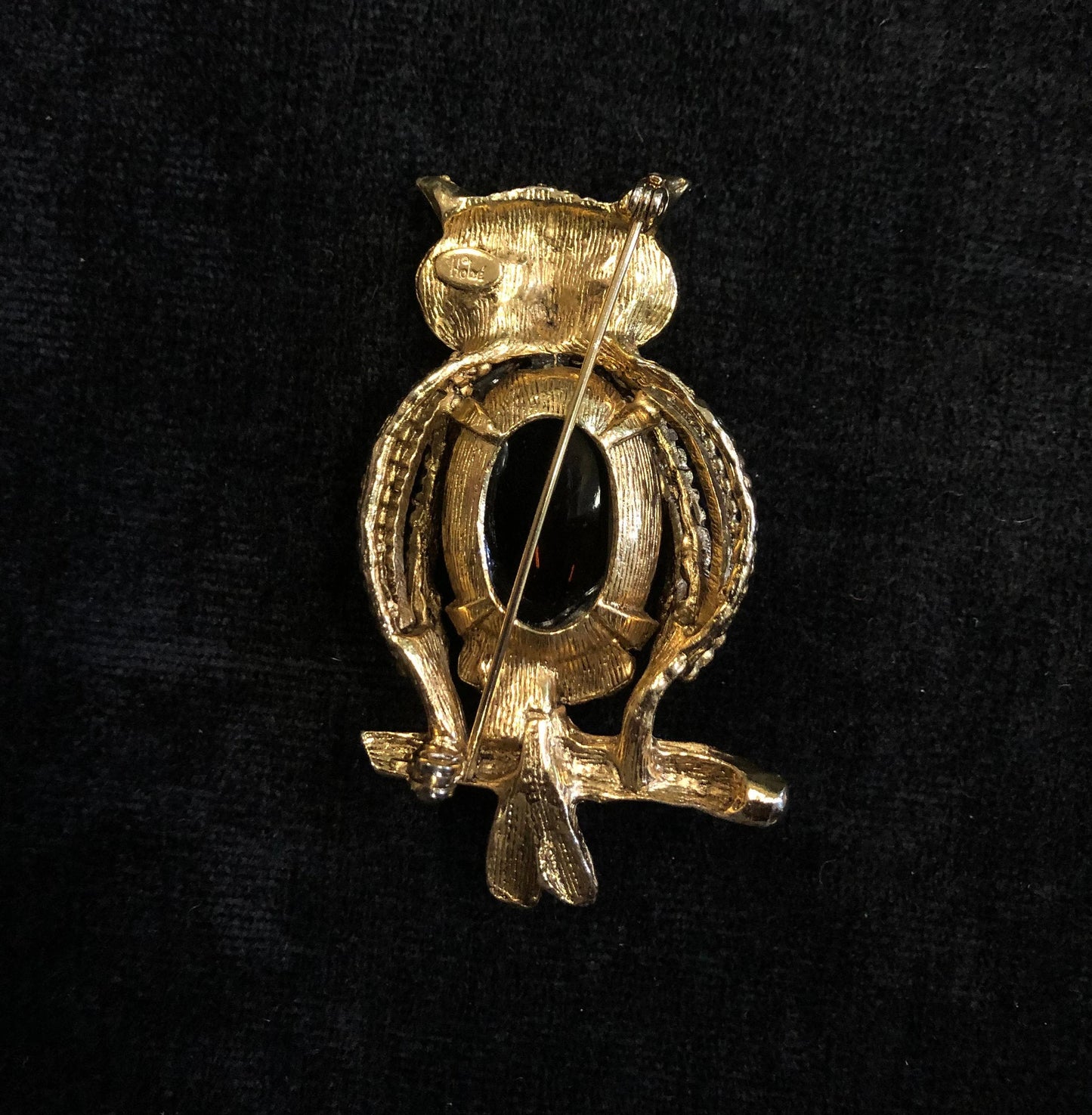 Hobé Owl Pin with Glass Topaz Jelly Belly Center - Mid Century, Figural Brooch