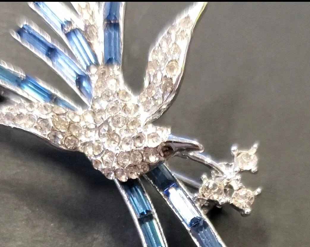 Gorgeous Crystal Magpie Pin/Brooch in Blue and Clear Crystal - Bridal Jewlery