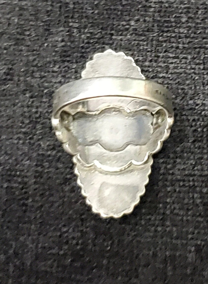 Sterling Silver Ring with Oval Bezel Set Turquoise in Beaded Rim, Ladies Sterling Southwestern Style Ring, Ladies Size 5.5 - Mid century