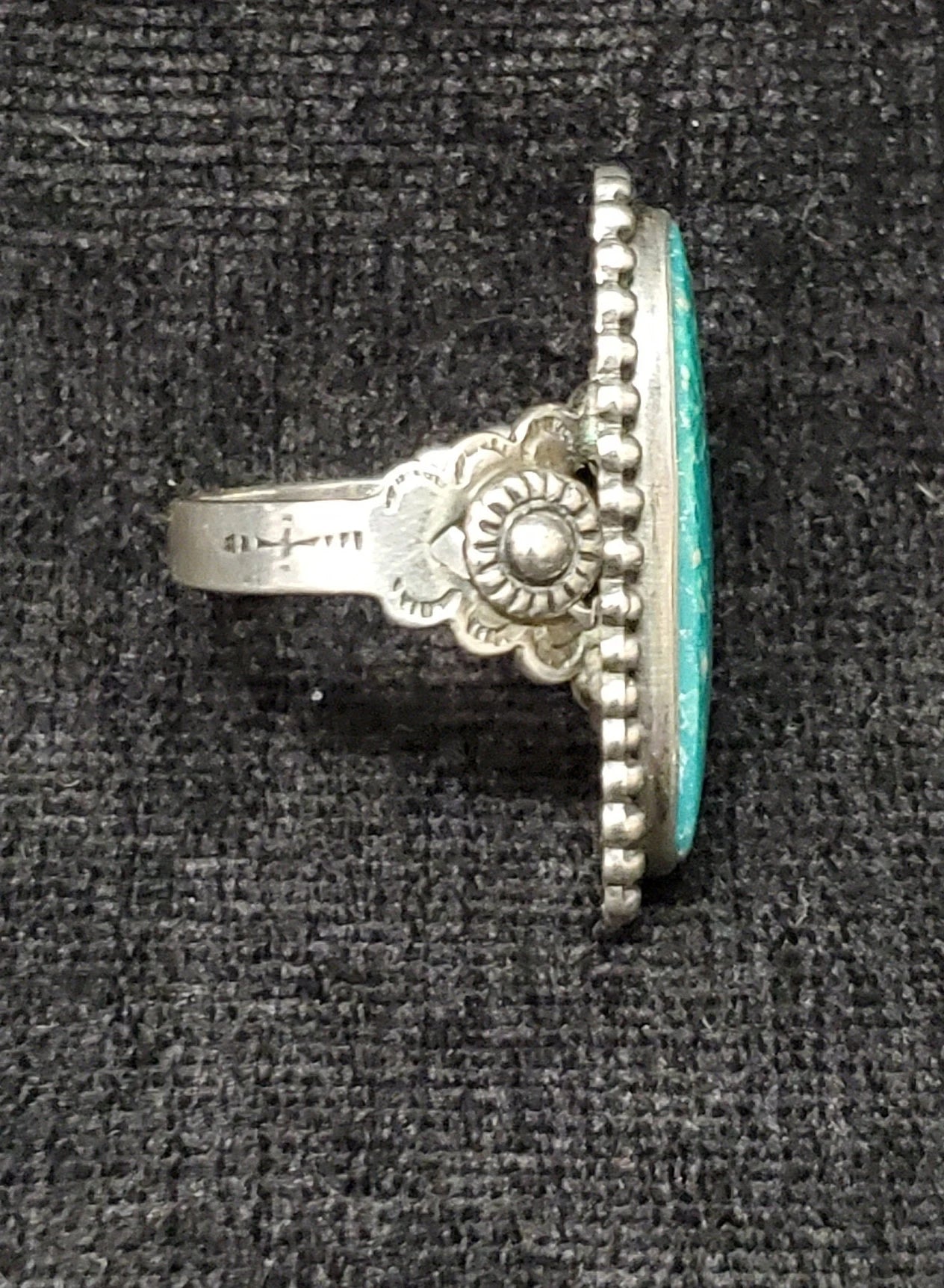 Sterling Silver Ring with Oval Bezel Set Turquoise in Beaded Rim, Ladies Sterling Southwestern Style Ring, Ladies Size 5.5 - Mid century