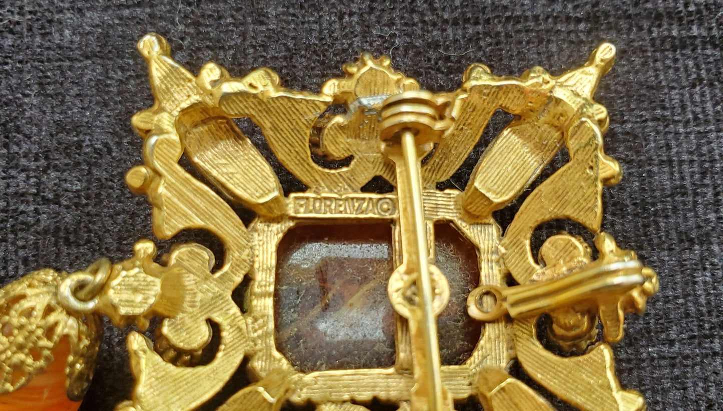 Florenza Fancy Square Brooch/Pin - Large Amber Lucite and Seed Pearl Brooch/Pin