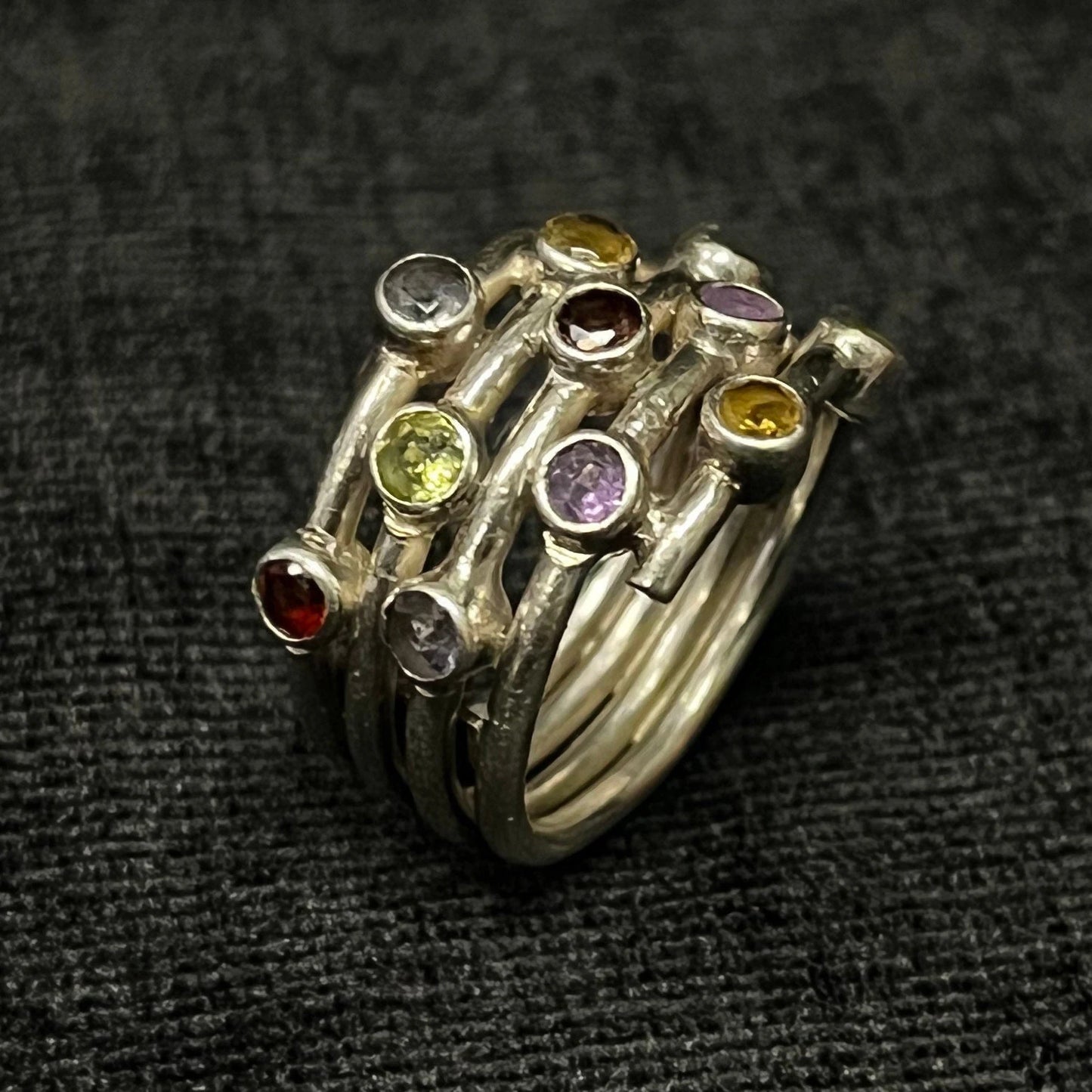 LAXMI 925 Silver Spiral Band Ring With 11 Separate Gemstone Settings- Size 7