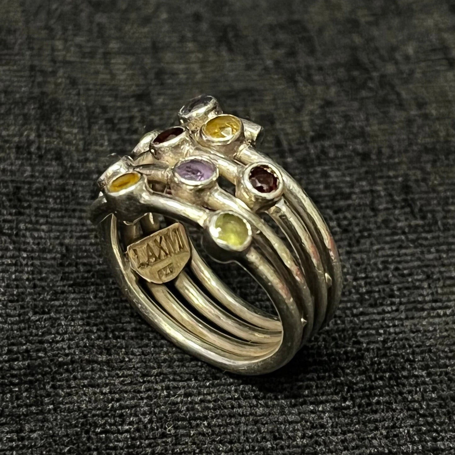 LAXMI 925 Silver Spiral Band Ring With 11 Separate Gemstone Settings- Size 7