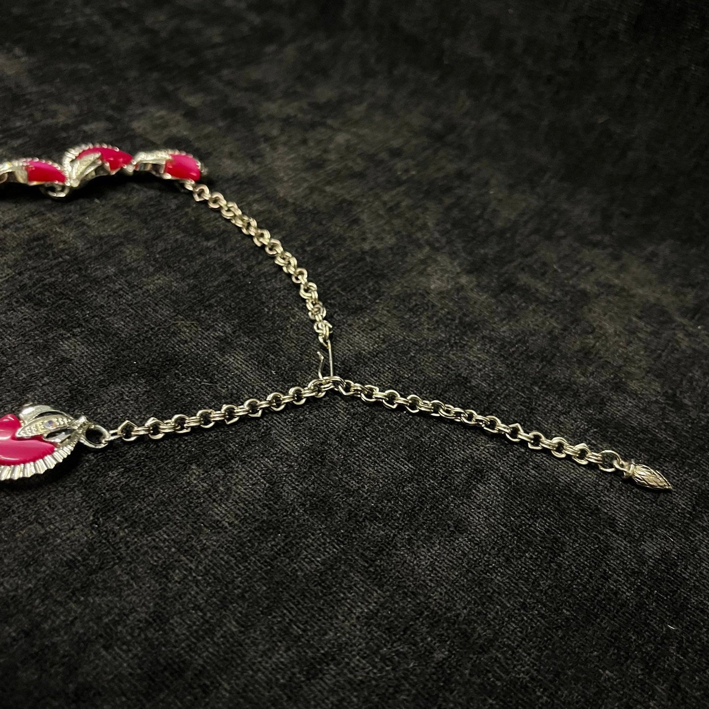 Silver Necklace with Pink Lucite Cabochons and Aurora Borealis Rhinestone Setting