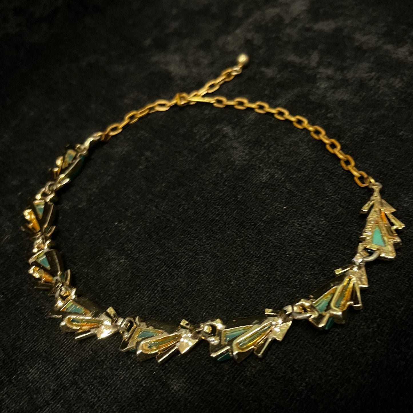 Gold Choker Necklace with Lucite Moonglow Green Sail Carbachol Insets - Marked ART