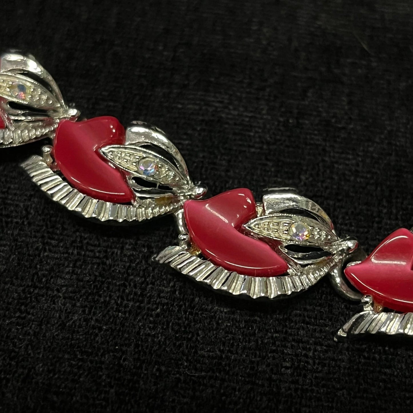Silver Necklace with Pink Lucite Cabochons and Aurora Borealis Rhinestone Setting