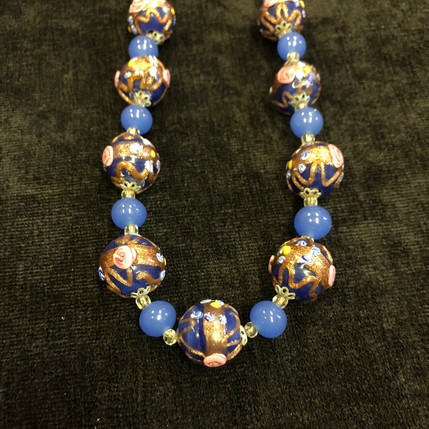 Venetian Handblown Wedding Cake Bead Choker Necklace From 1950s. Something Blue