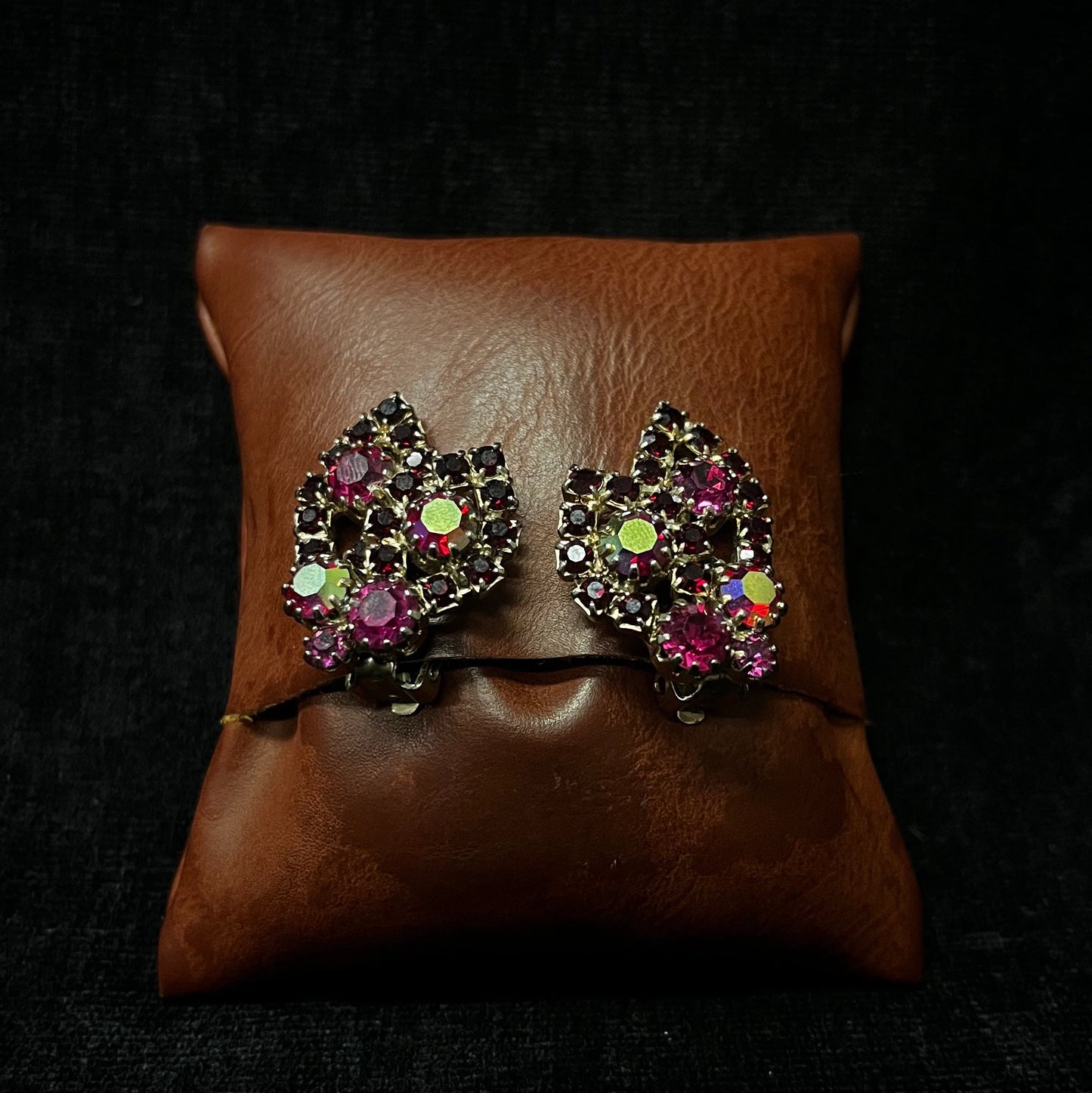 Deep Red, Rose and Pink Aurora Borealis Crystal Rhinestone Clip on Earrings