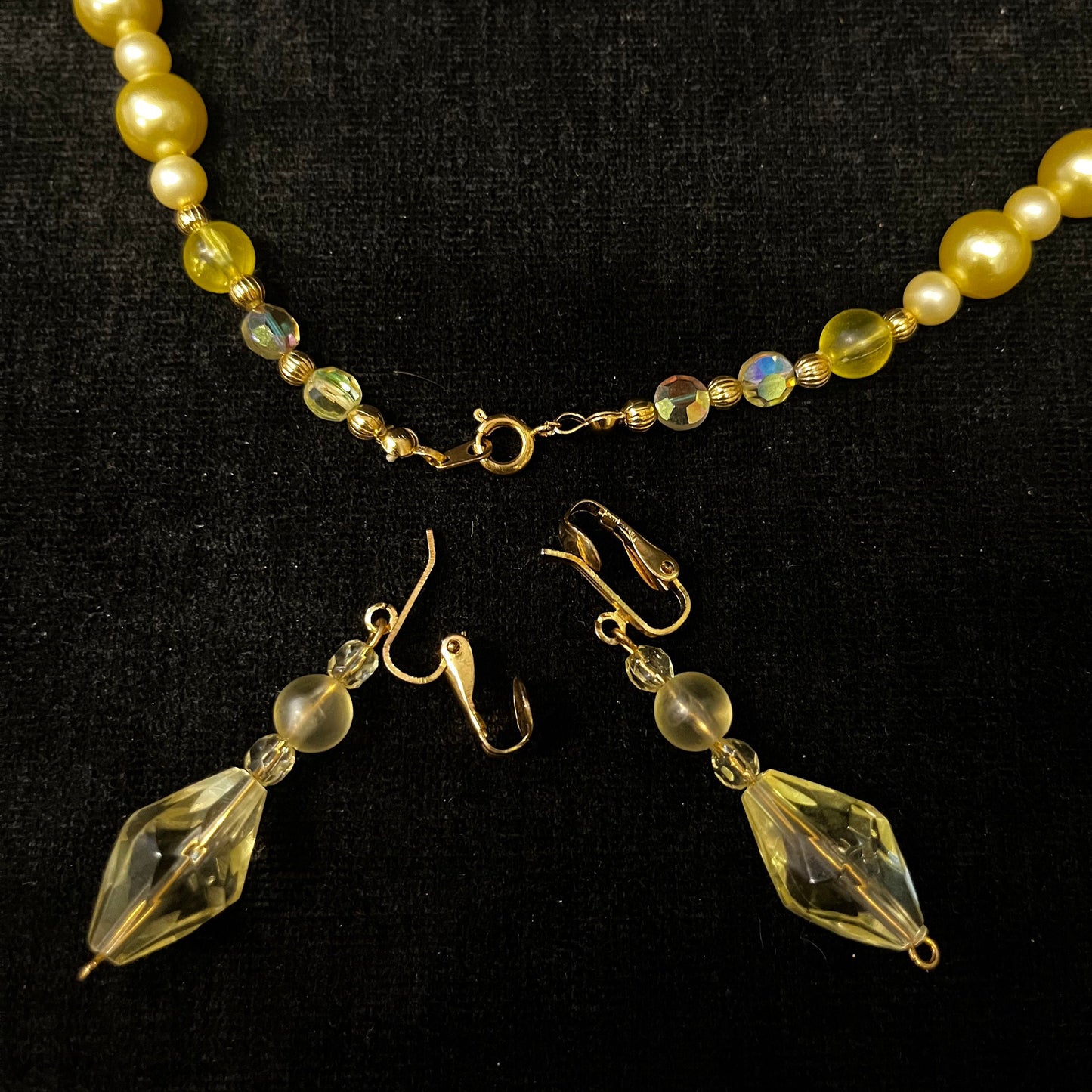 Sun Yellow Hand Blown Crystal Set - Beads with Gold Spacers and Warm Faux Pearls Plus Matching Earrings - Opera Necklace with Drop Earring Set