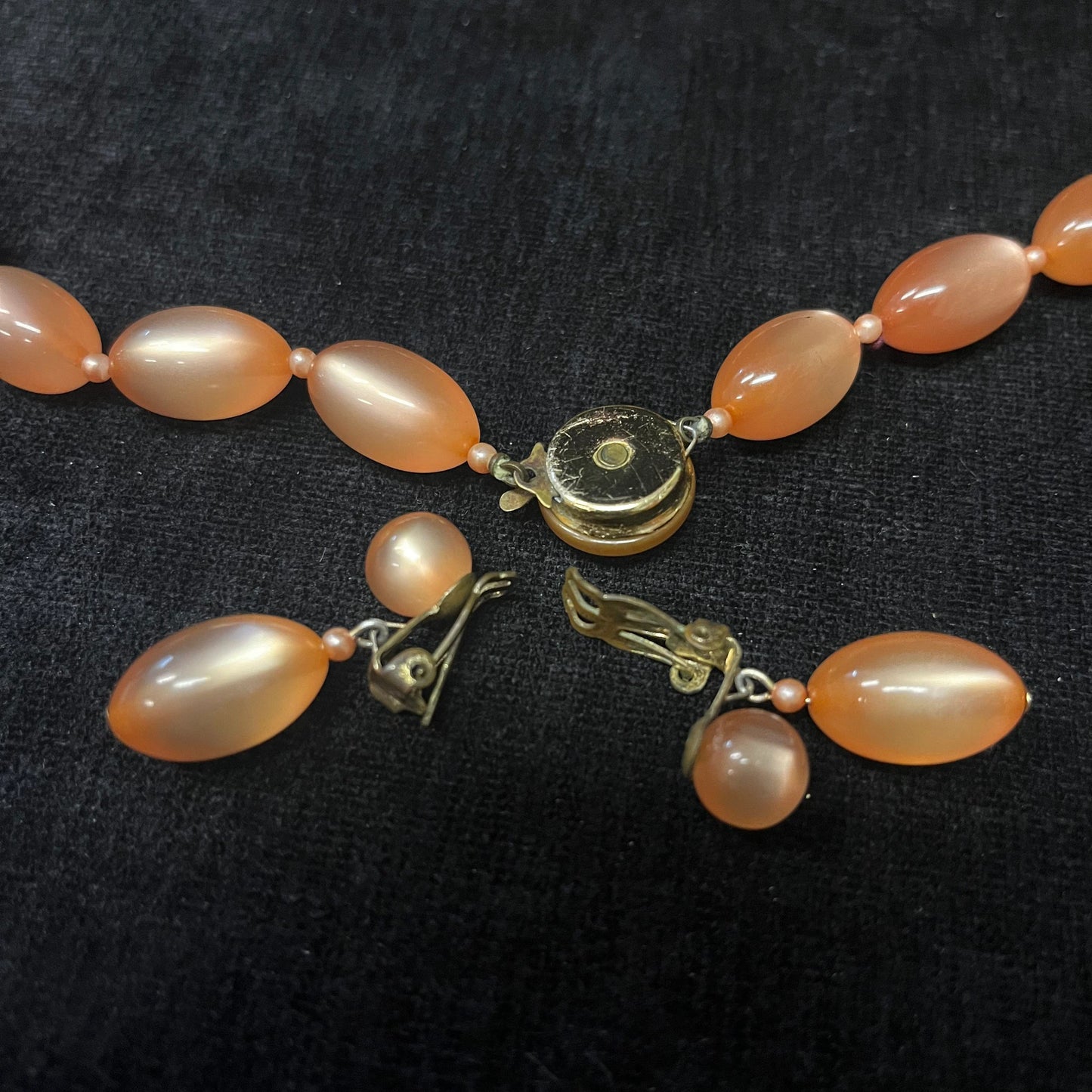 Rosy Lucite Matinee Necklace and Clip-On Earrings Set
