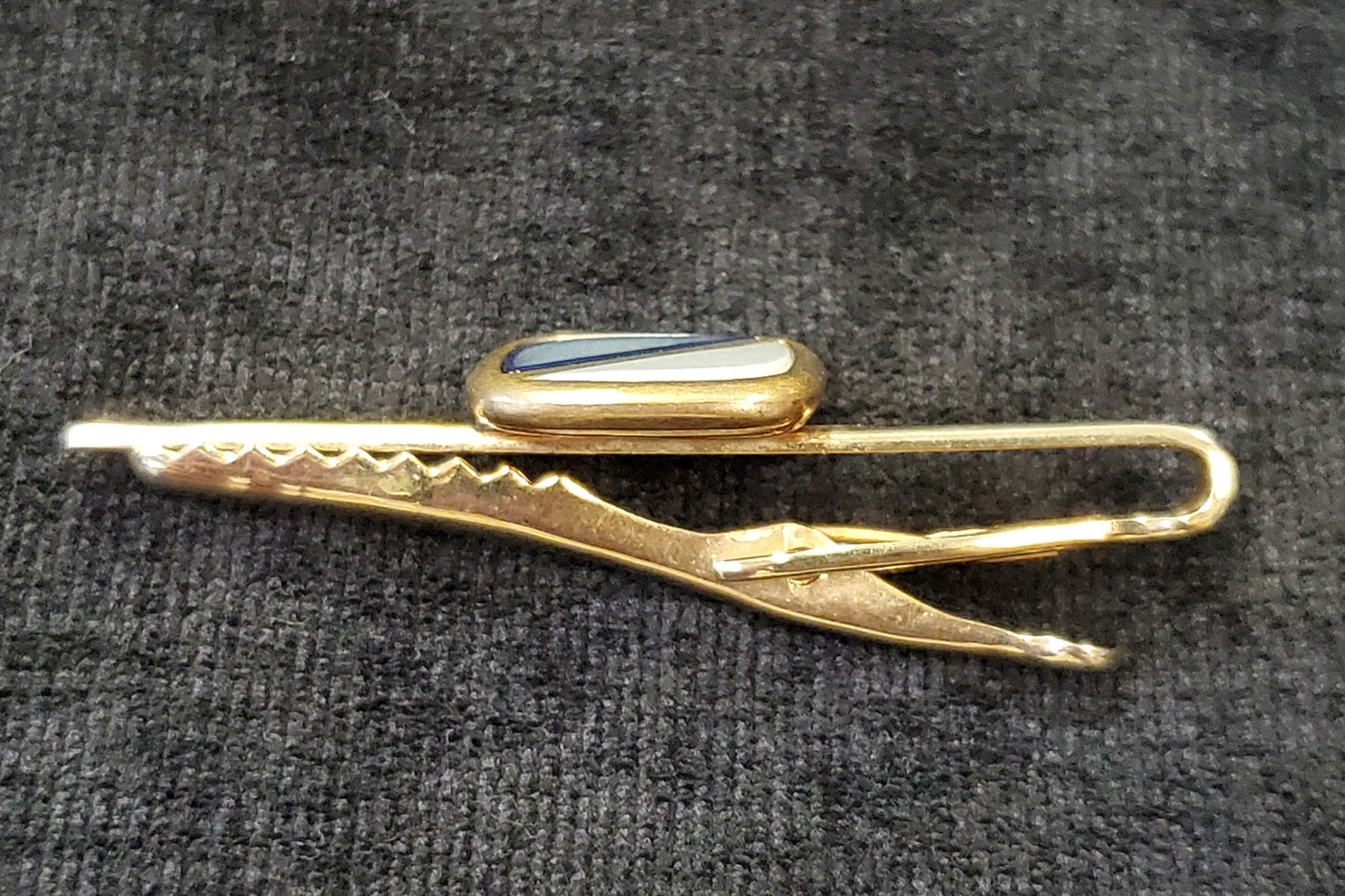 Art Deco Gold-tone Tie Clasp With Pale Blue and White Stone Setting