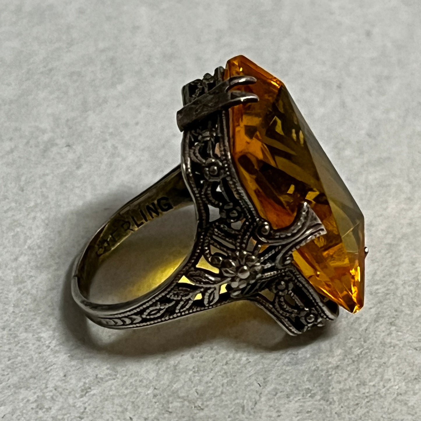 November Birthstone Topaz Ring Flower Filigree Setting Sterling Silver