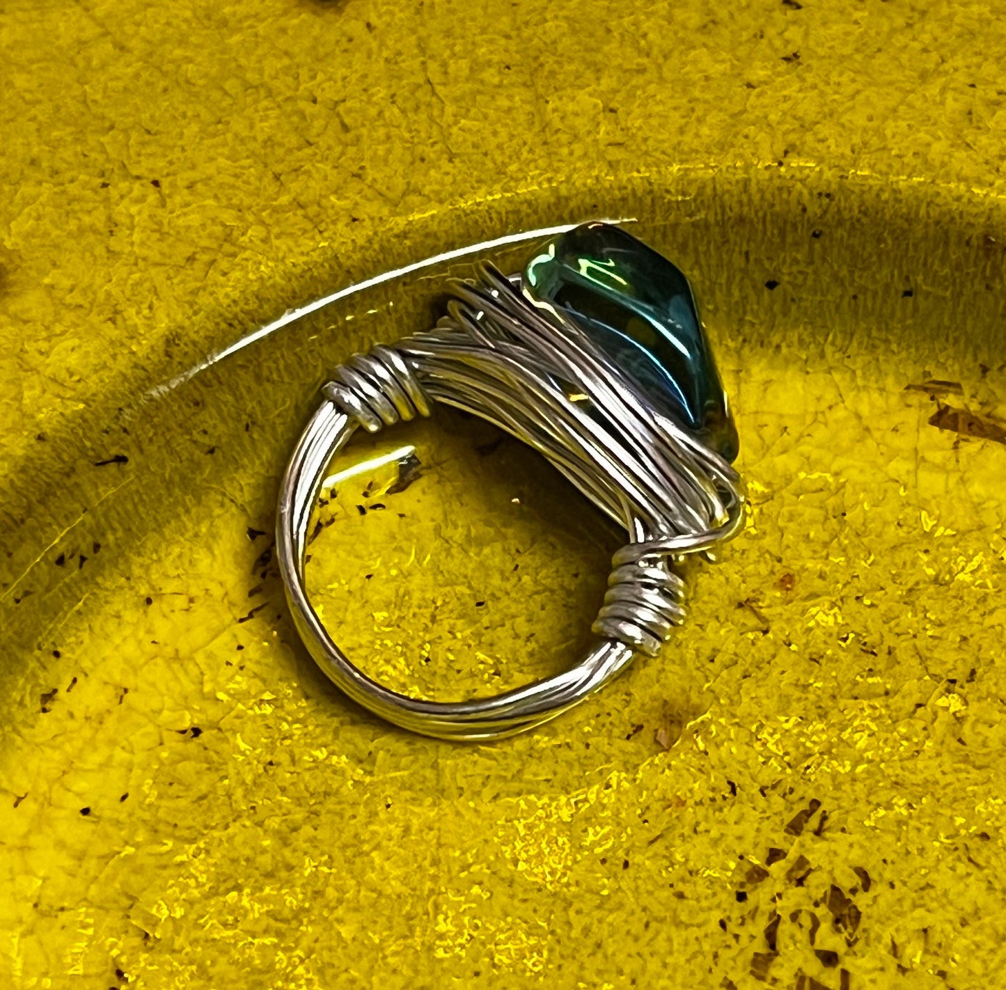 Handmade Boho Silver Wrapped Wire Ring- Size 7 With Cat's Eye Iridescent Chromatic Gemstone