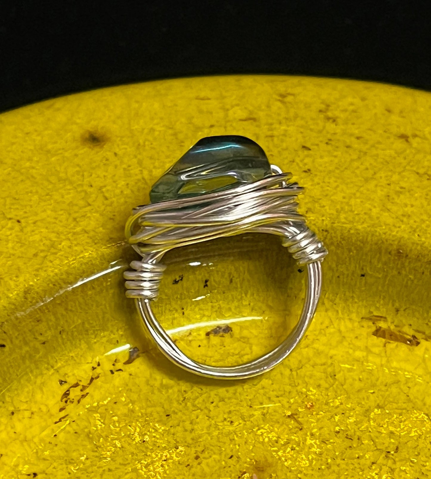 Handmade Boho Silver Wrapped Wire Ring- Size 7 With Cat's Eye Iridescent Chromatic Gemstone