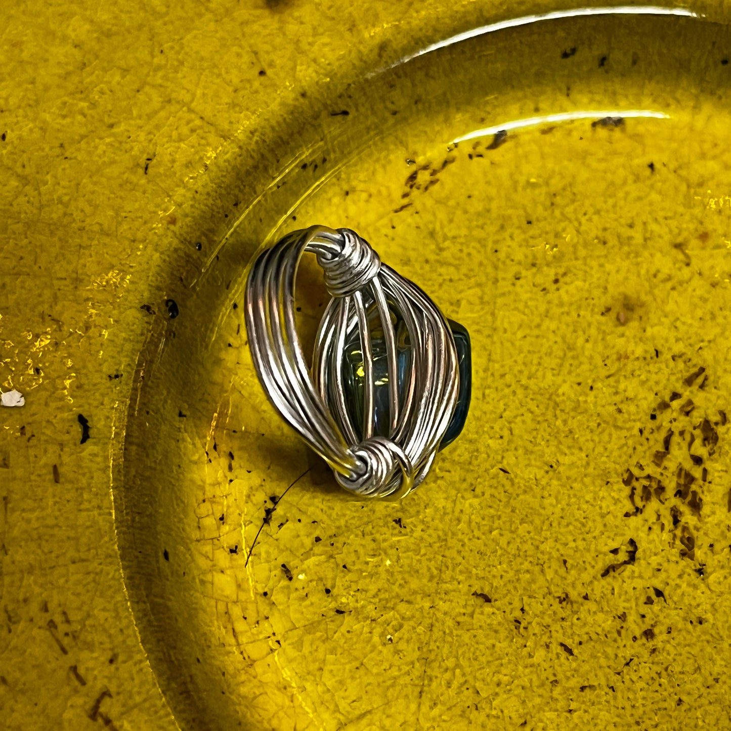 Handmade Boho Silver Wrapped Wire Ring- Size 7 With Cat's Eye Iridescent Chromatic Gemstone
