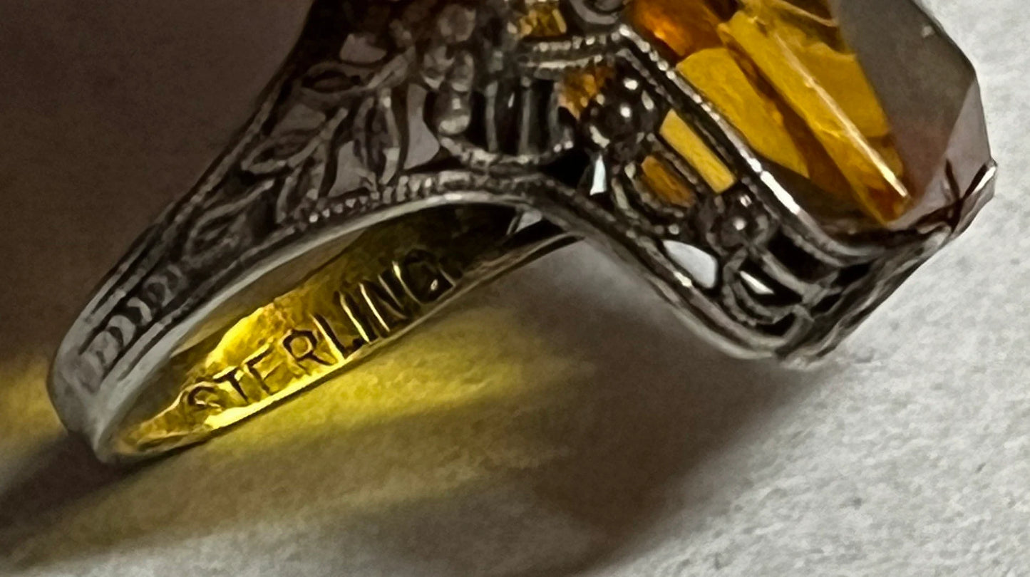November Birthstone Topaz Ring Flower Filigree Setting Sterling Silver