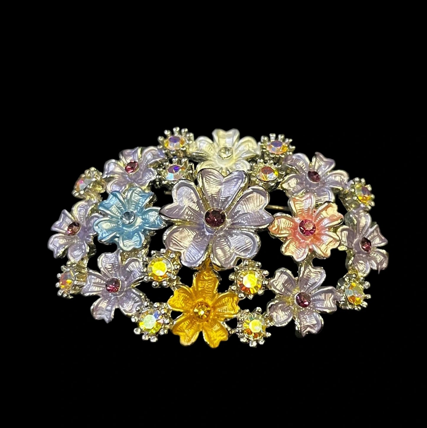 Aurora Borealis Centered Purple Enamel Flower Bouquet Brooch/Pin