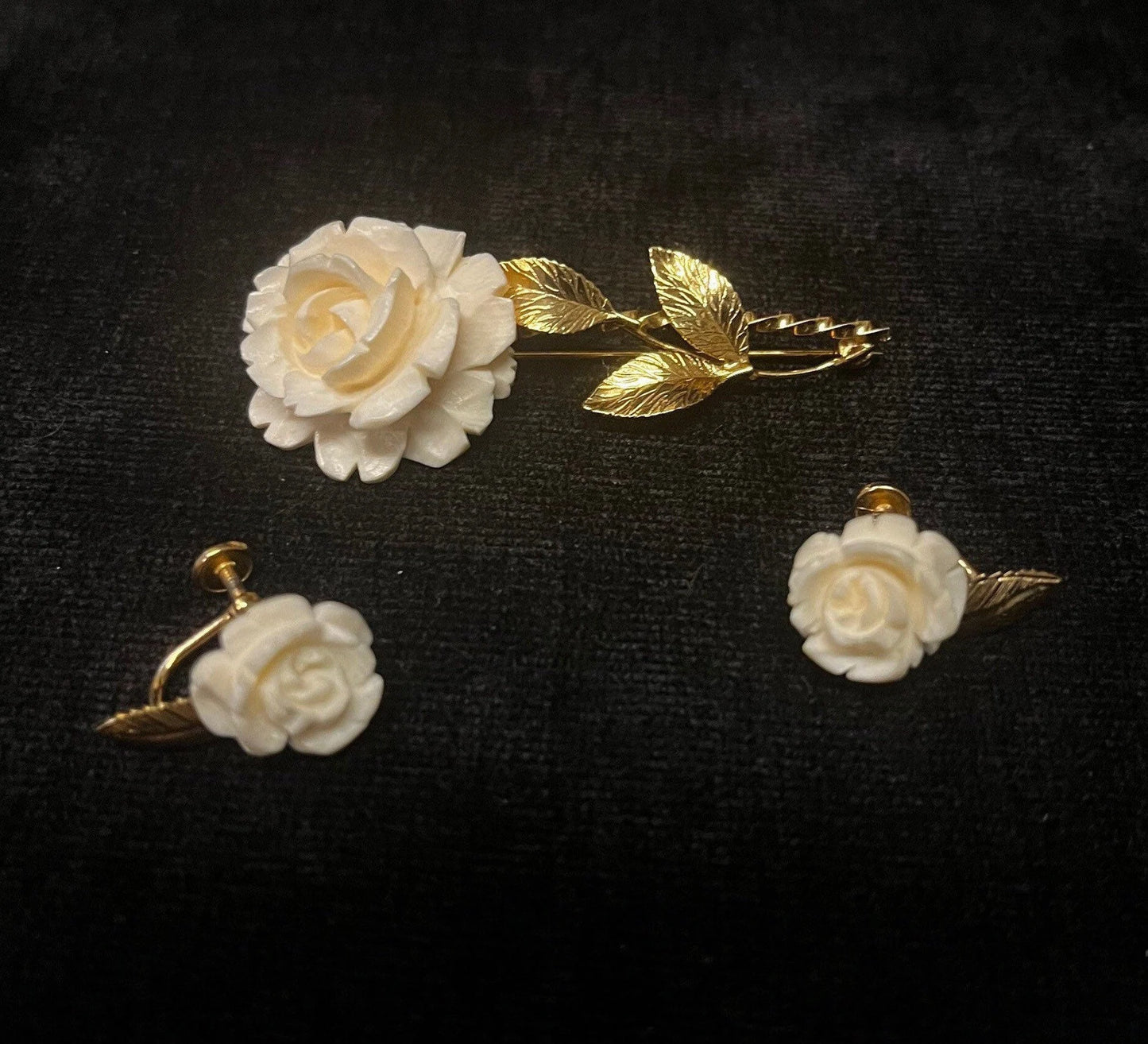White Rose 12k Gold -Filled, Burt Cassell Earring and Pin/Brooch Set