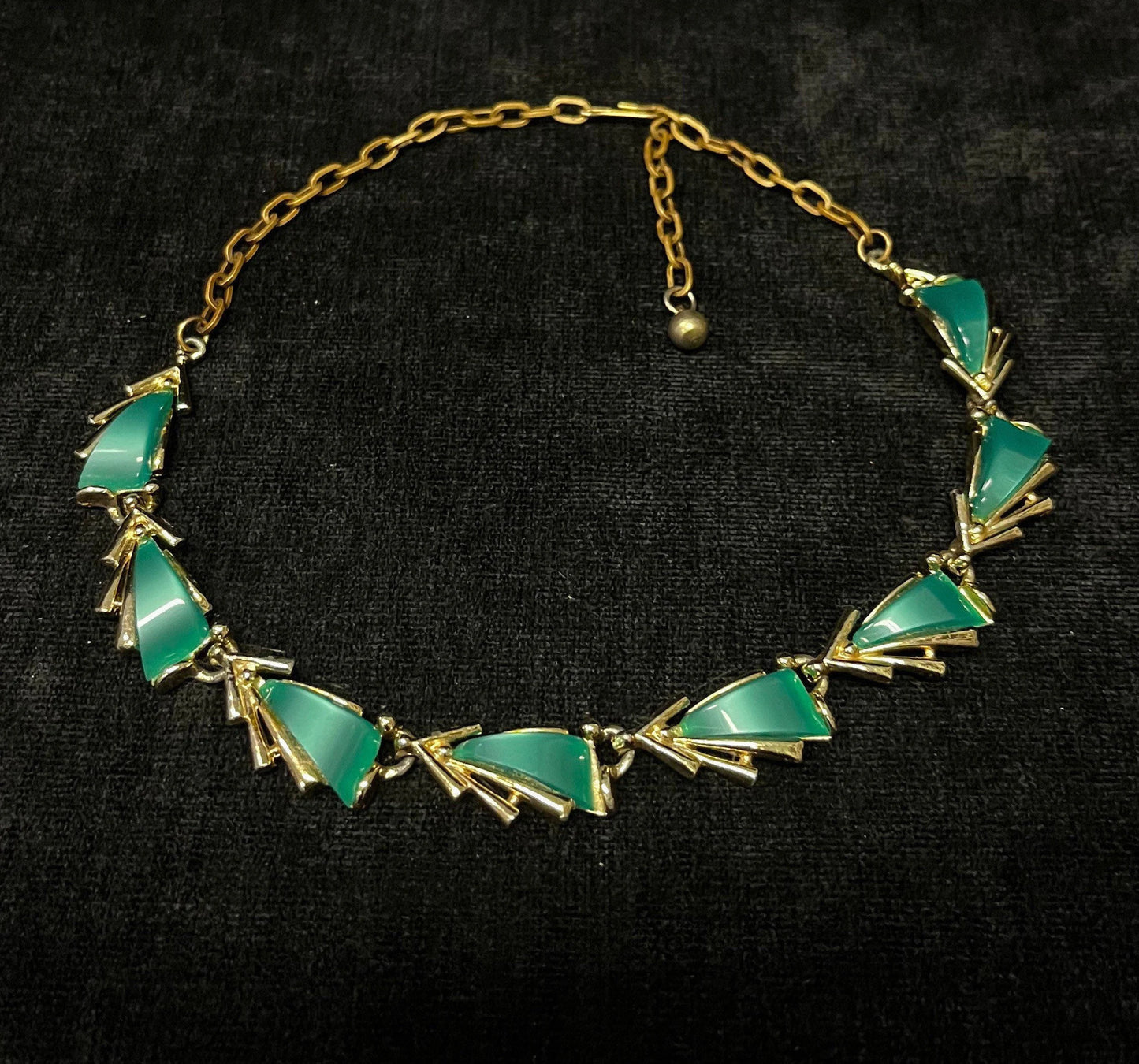 Gold Choker Necklace with Lucite Moonglow Green Sail Carbachol Insets - Marked ART
