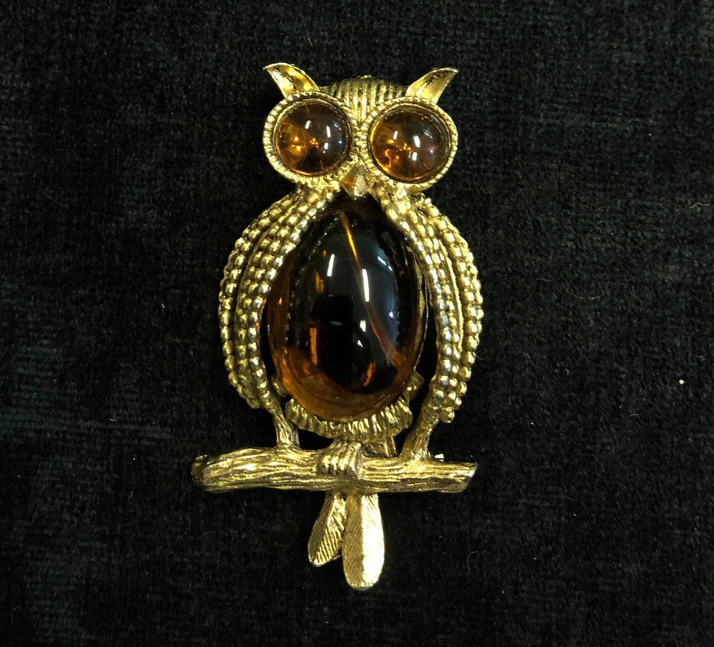 Hobé Owl Pin with Glass Topaz Jelly Belly Center - Mid Century, Figural Brooch