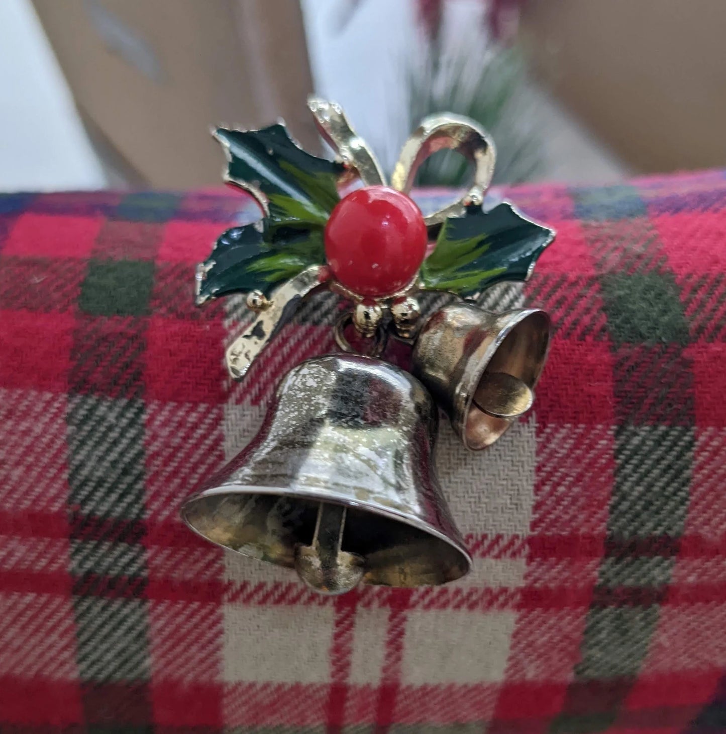 Christmas Bell With Holly on Top Brooch - Vintage Christmas Pin