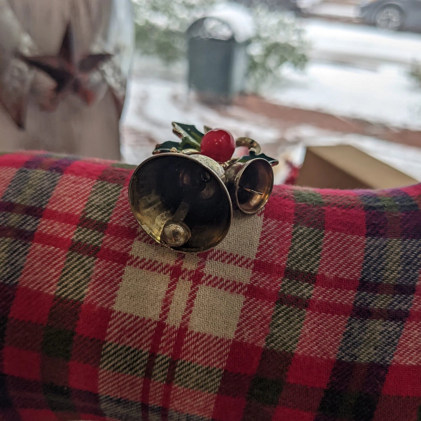 Christmas Bell With Holly on Top Brooch - Vintage Christmas Pin