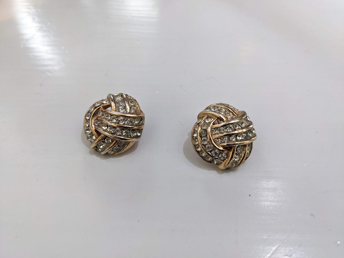 Wedding Ready! Dazzling Gold Circle Tied Knot Clip on Earrings With Crystals - Vintage