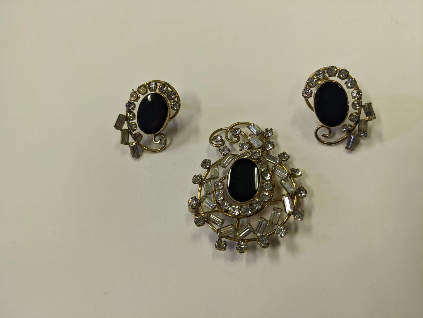 Crystal and Obsidian Screw-back Earrings and Brooch Set