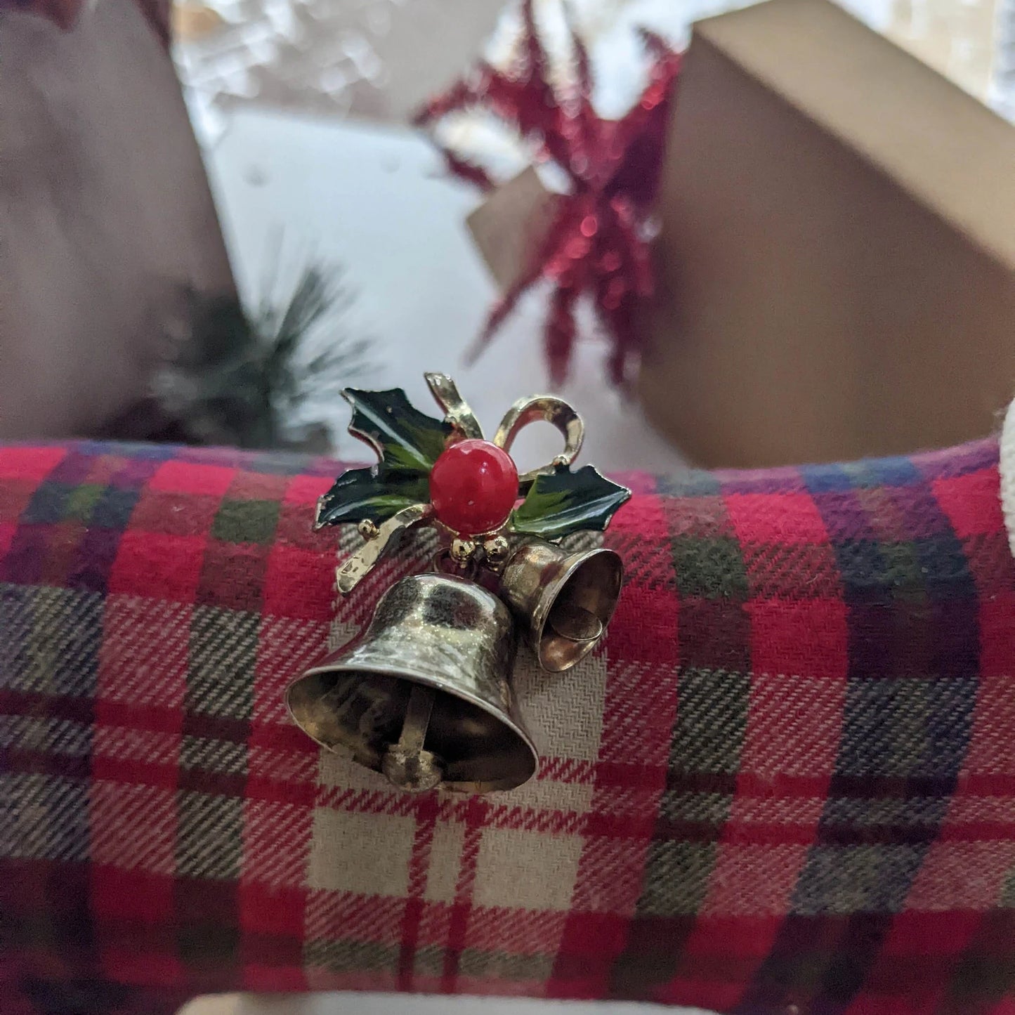 Christmas Bell With Holly on Top Brooch - Vintage Christmas Pin