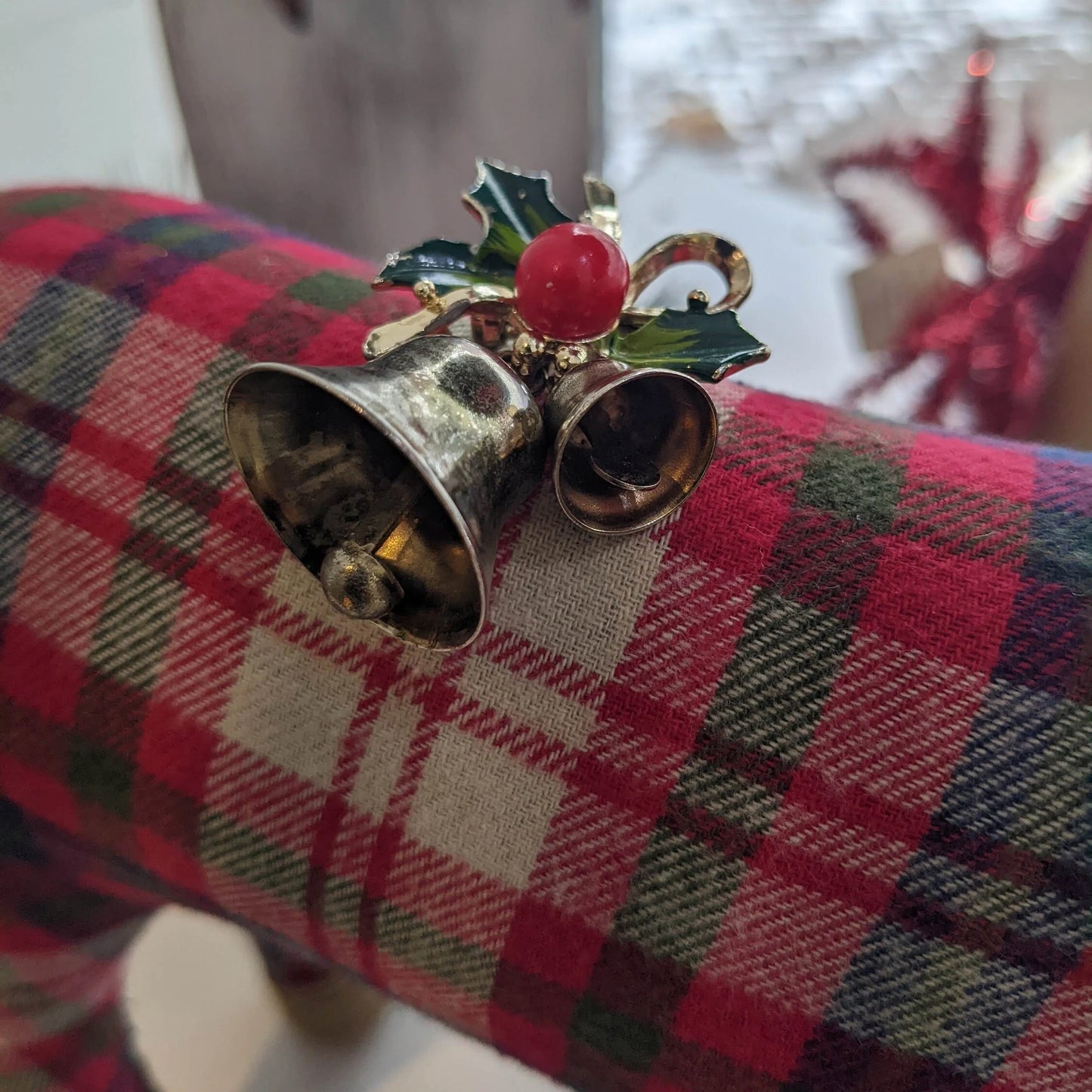Christmas Bell With Holly on Top Brooch - Vintage Christmas Pin