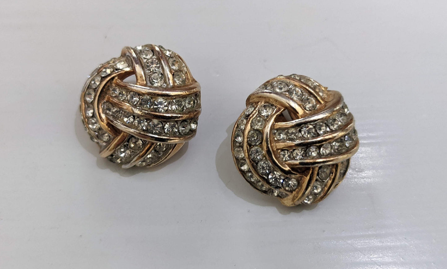 Wedding Ready! Dazzling Gold Circle Tied Knot Clip on Earrings With Crystals - Vintage