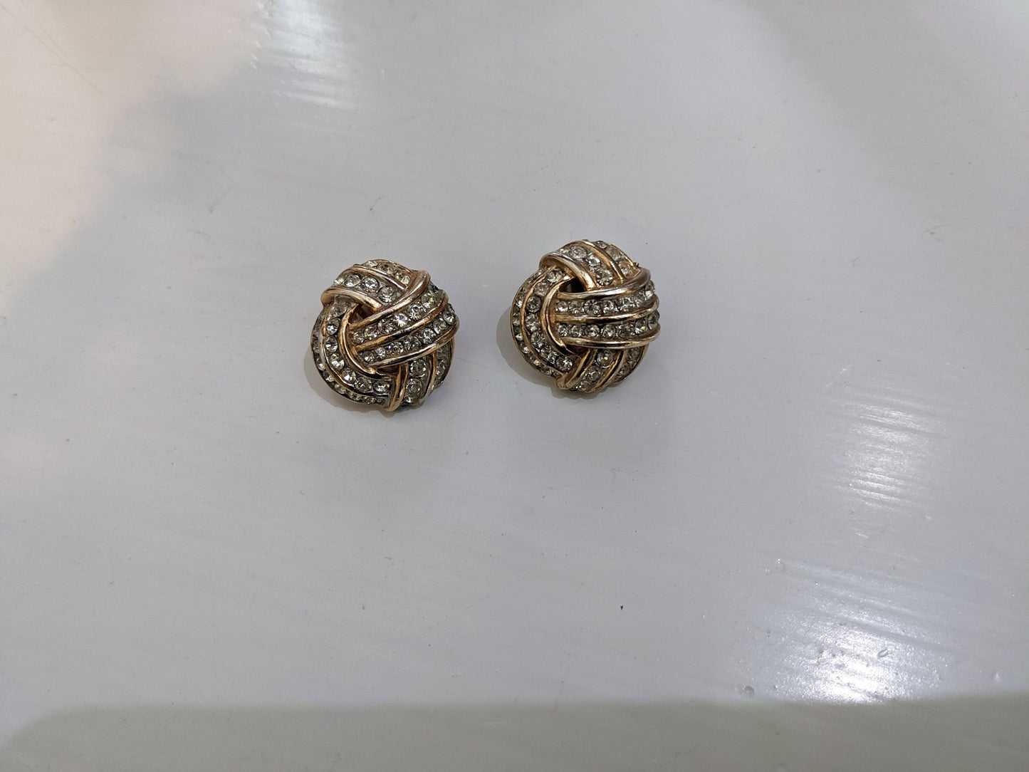 Wedding Ready! Dazzling Gold Circle Tied Knot Clip on Earrings With Crystals - Vintage