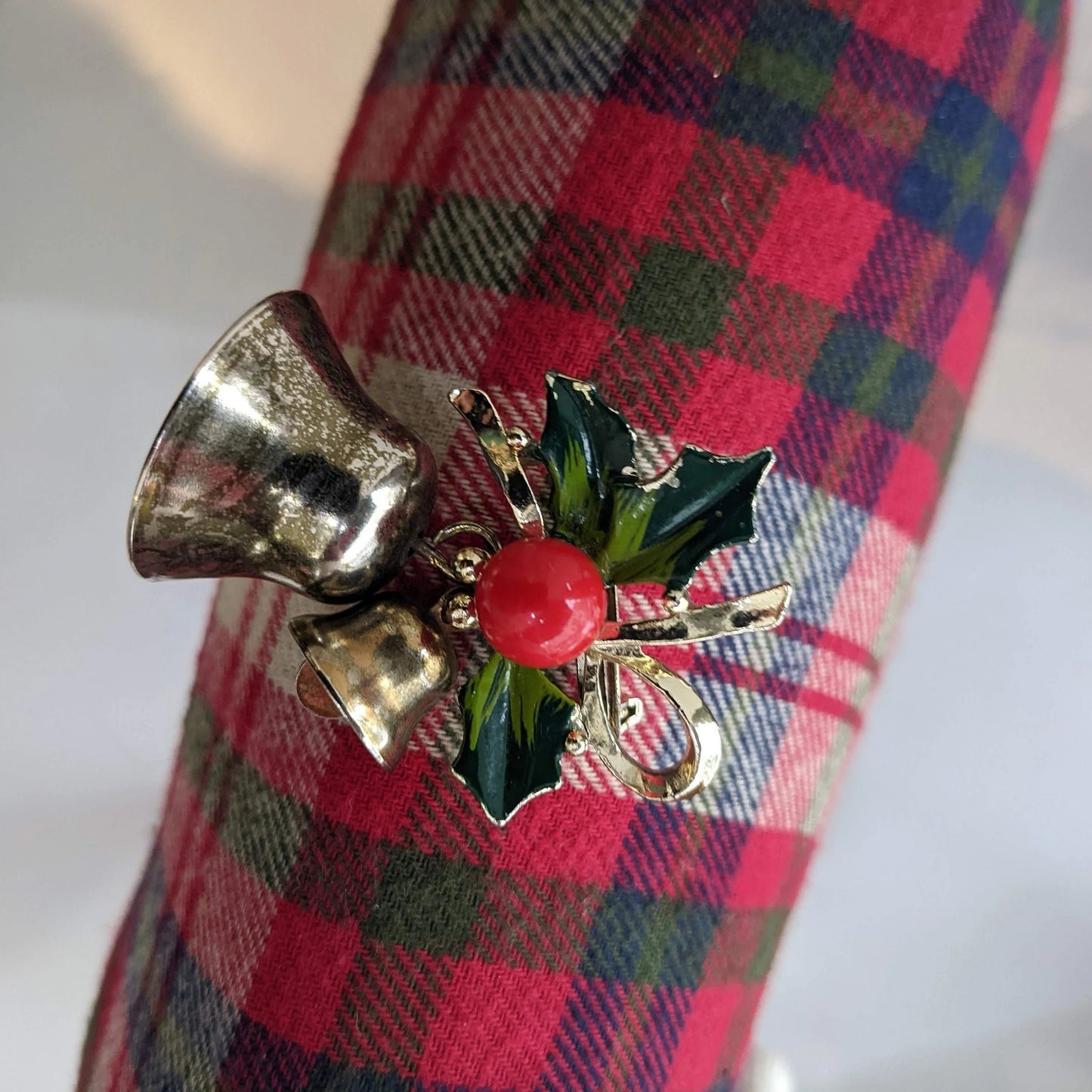 Christmas Bell With Holly on Top Brooch - Vintage Christmas Pin