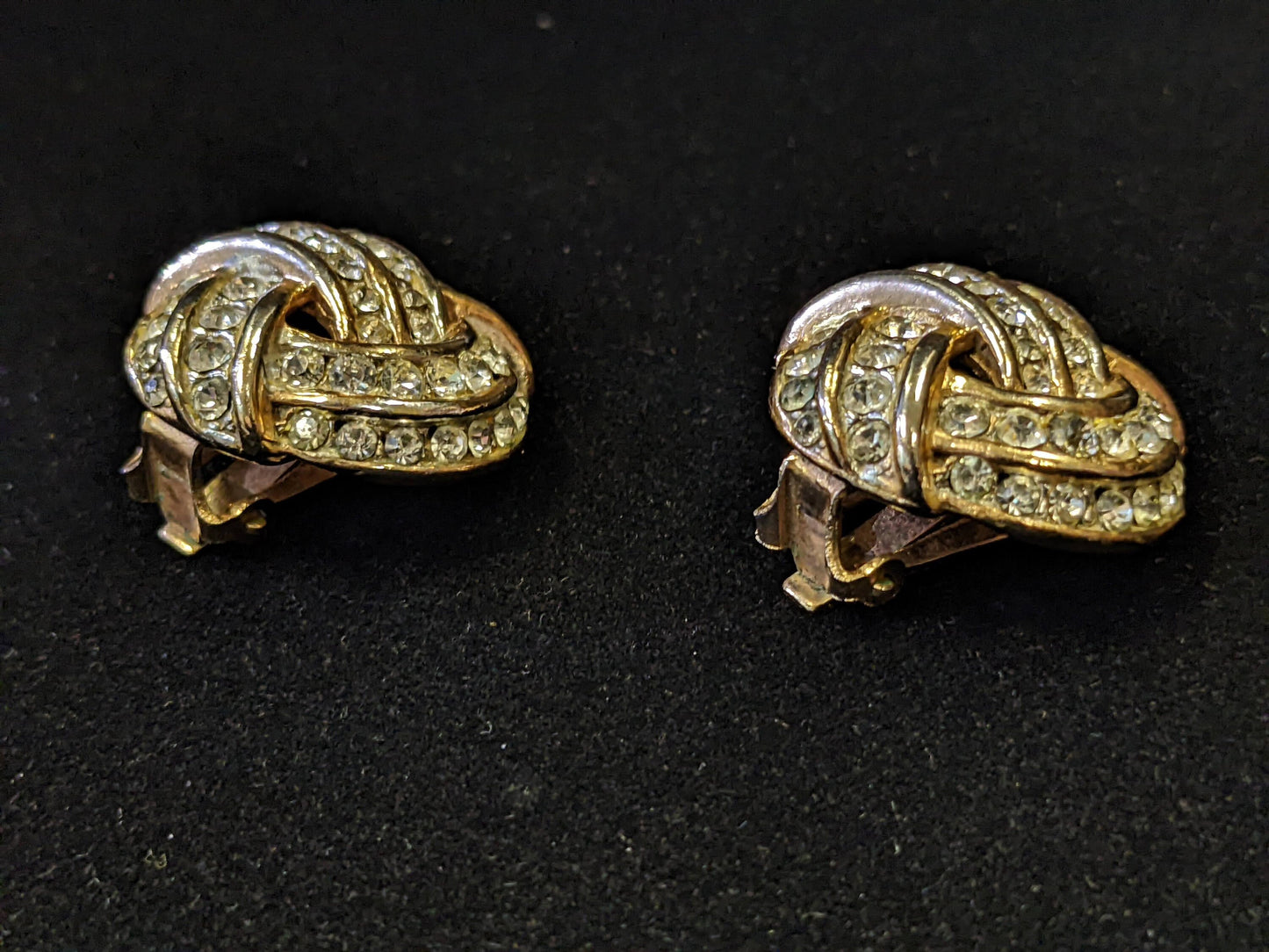 Wedding Ready! Dazzling Gold Circle Tied Knot Clip on Earrings With Crystals - Vintage